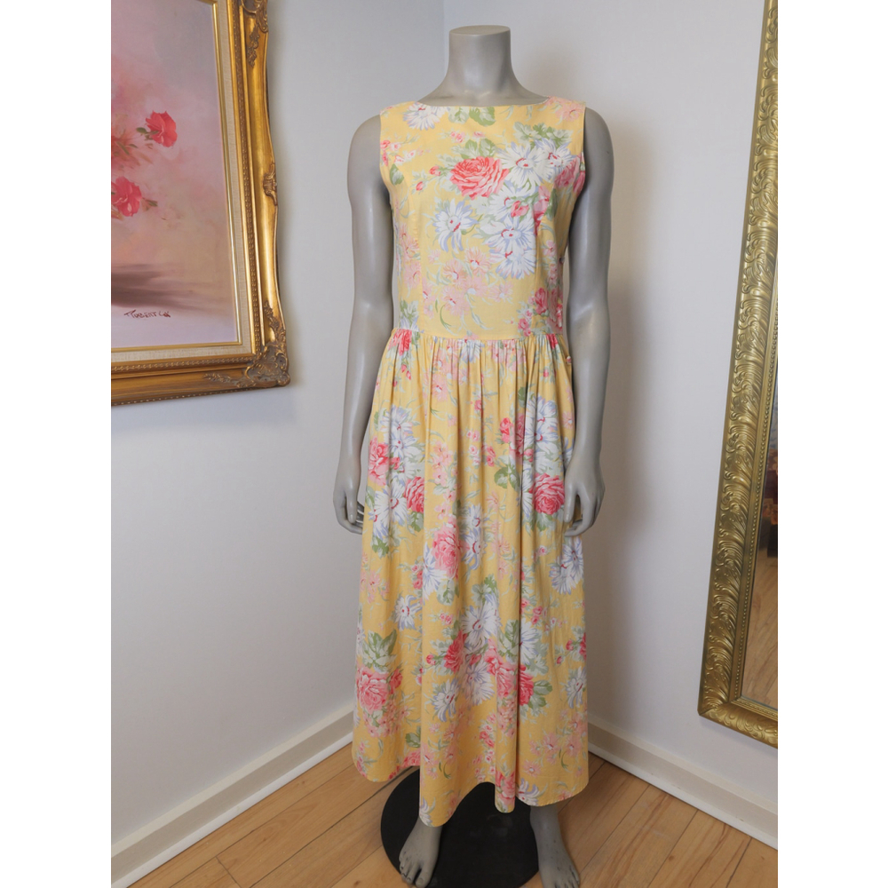 Women's Laura Ashley Cottage Core Floral Cotton Dress Yellow Size USA 10